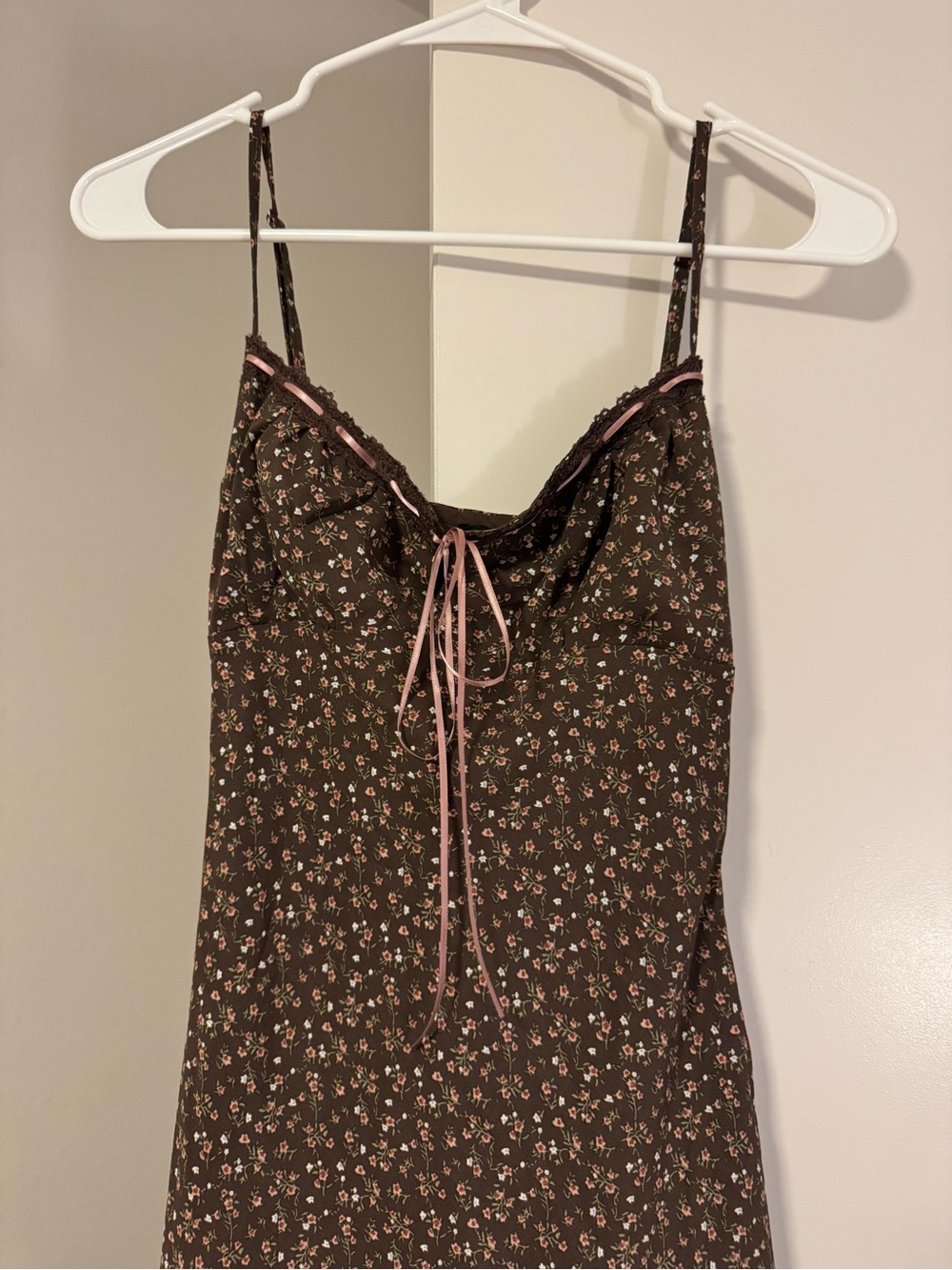 Pacsun Brown Floral Slip Dress with Pink Trim in Size XS
